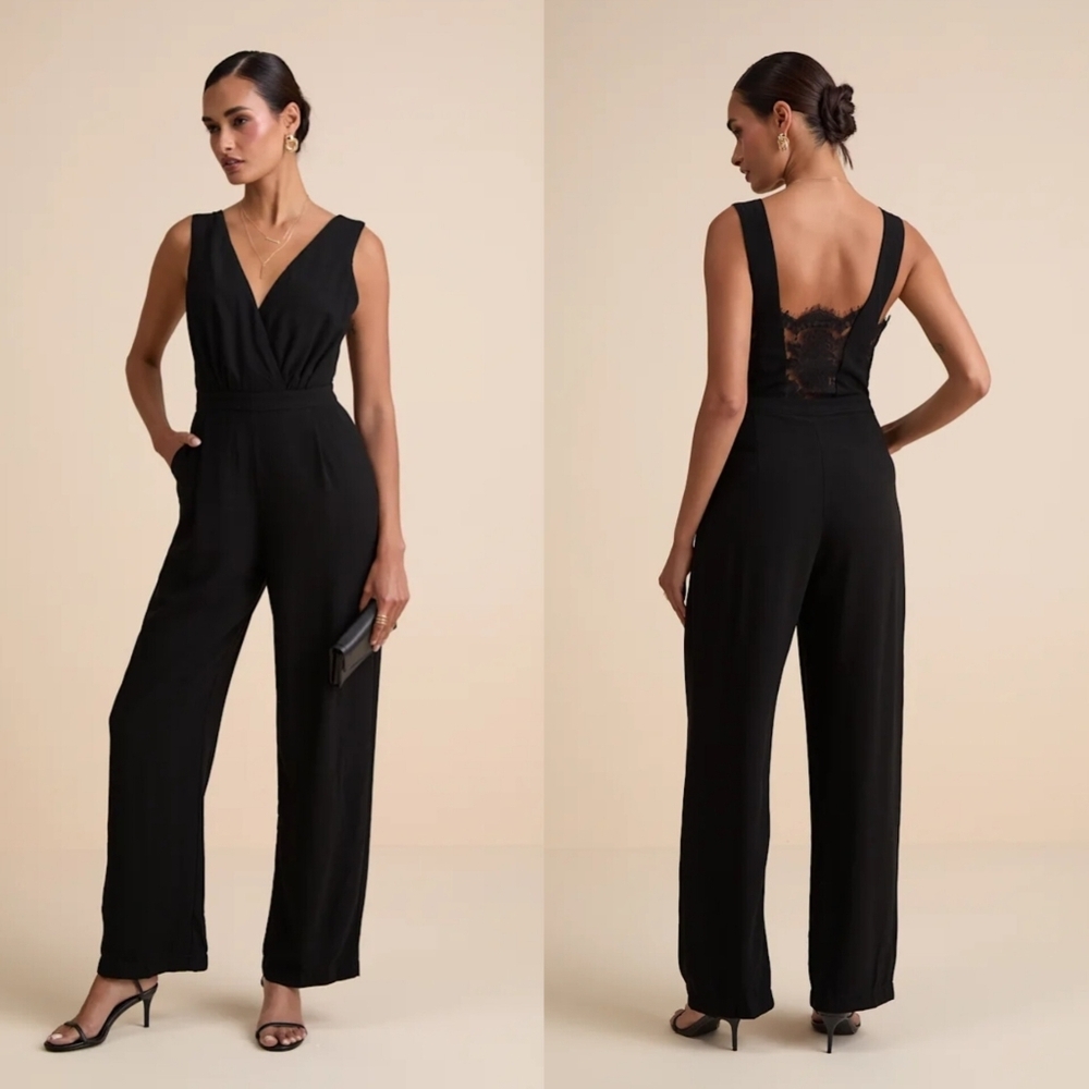 Lulus Kiska Black Lace Wide-Leg Jumpsuit M Wedding Party Formal Feminine